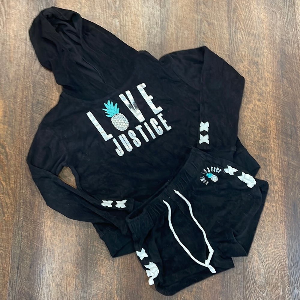 Size 8 Justice Girls Black Terry Pineapple Hoodie Swimsuit cover-up shorts set